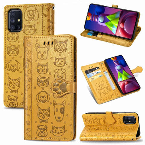 Cute Cat and Dog Embossed Horizontal Flip Leather Case with Bracket / Card Slot / Wallet / Lanyard, For Galaxy M51, For Samsung Galaxy M51
