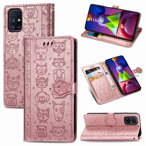 Cute Cat and Dog Embossed Horizontal Flip Leather Case with Bracket / Card Slot / Wallet / Lanyard, For Galaxy M51, For Samsung Galaxy M51