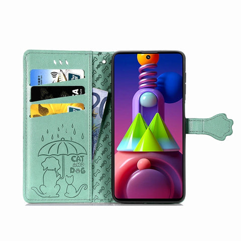 Cute Cat and Dog Embossed Horizontal Flip Leather Case with Bracket / Card Slot / Wallet / Lanyard, For Galaxy M51, For Samsung Galaxy M51