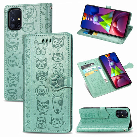 Cute Cat and Dog Embossed Horizontal Flip Leather Case with Bracket / Card Slot / Wallet / Lanyard, For Galaxy M51, For Samsung Galaxy M51