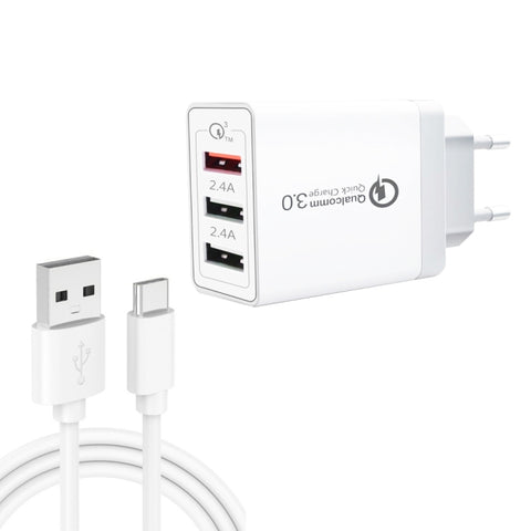 SDC-30W 2 in 1 USB to USB-C / Type-C Data Cable + 30W QC 3.0 USB + 2.4A Dual USB 2.0 Ports Mobile Phone Tablet PC Universal Quick Charger Travel Charger Set, EU Plug, with USB-C / Type-C Cable, EU Plug