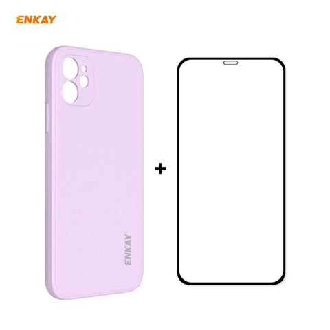 For iPhone 12 Hat-Prince ENKAY ENK-PC0682 Liquid Silicone Straight Edge Shockproof Case + 0.26mm 9H 2.5D Full Glue Tempered Glass Film, For iPhone 12