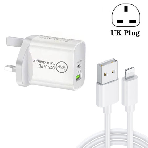 SDC-20WA+C 20W PD 3.0 + QC 3.0 USB Dual Fast Charging Universal Travel Charger with Micro USB to 8 Pin Fast Charging Data Cable, UK Plug, USB to 8 Pin (UK Plug)