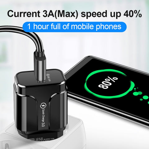LZ-023 18W QC 3.0 USB Portable Travel Charger + 3A USB to 8 Pin Data Cable, US Plug, USB to 8 Pin Data Cable, US Plug, 8 Pin Data Cable, US Plug