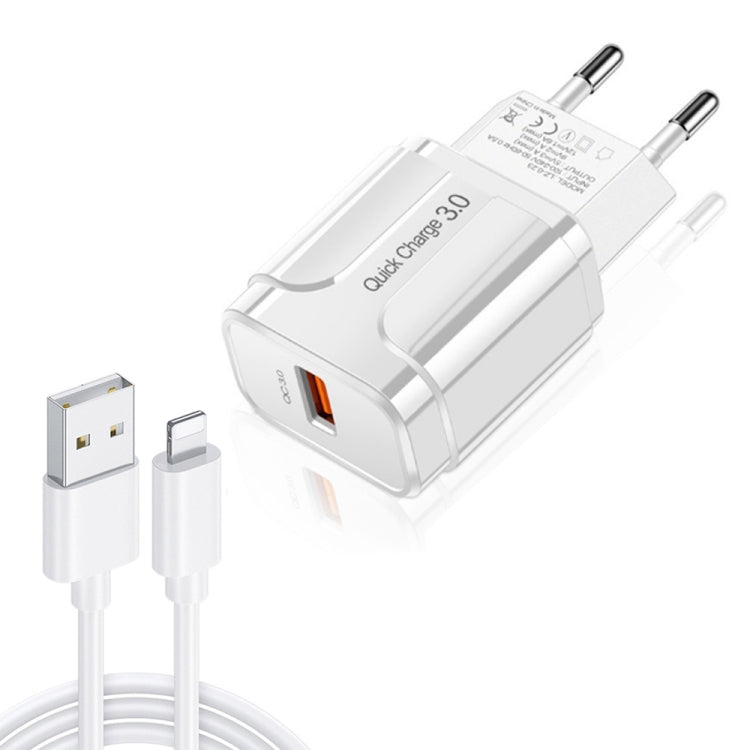 LZ-023 18W QC 3.0 USB Portable Travel Charger + 3A USB to 8 Pin Data Cable, EU Plug, 8 Pin Data Cable, EU Plug