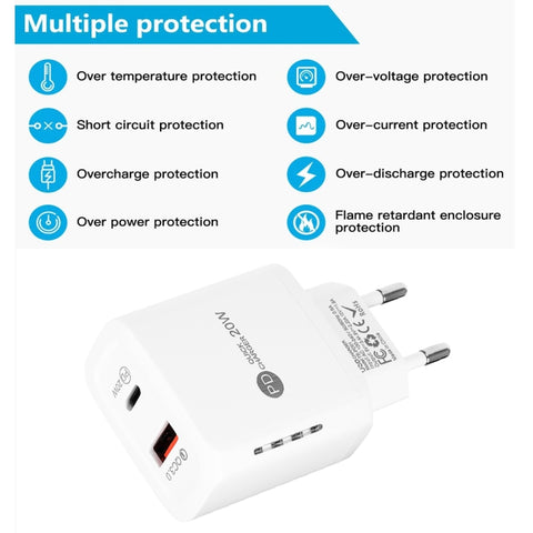 TE-PD01 PD 20W + QC3.0 USB Dual Ports Quick Charger with Indicator Light, EU Plug, EU Plug