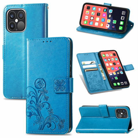 Four-leaf Clover Clasp Embossed Buckle Mobile Phone Protection Leather Case with Lanyard & Card Slot & Wallet & Bracket Function, For iPhone 13 Pro Max, For iPhone 13 Pro, For iPhone 13, For iPhone 13 mini