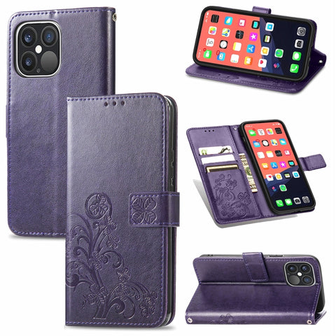 Four-leaf Clover Clasp Embossed Buckle Mobile Phone Protection Leather Case with Lanyard & Card Slot & Wallet & Bracket Function, For iPhone 13 Pro Max, For iPhone 13 Pro, For iPhone 13, For iPhone 13 mini