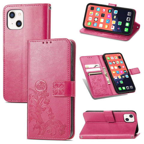 Four-leaf Clover Clasp Embossed Buckle Mobile Phone Protection Leather Case with Lanyard & Card Slot & Wallet & Bracket Function, For iPhone 13 Pro Max, For iPhone 13 Pro, For iPhone 13, For iPhone 13 mini