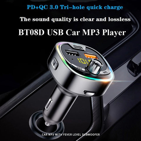 BT08D FM Transmitter Hands-free Car Kit MP3 Audio Player with QC3.0 + PD18W 5A Auto Fast Charger FM Modulator, BT08D