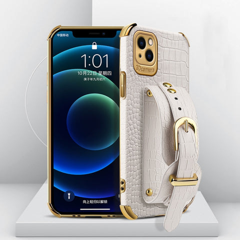 Electroplated TPU Crocodile Pattern Leather Case with Wrist Strap, For iPhone 13 Pro Max, For iPhone 13 Pro, For iPhone 13, For iPhone 13 mini