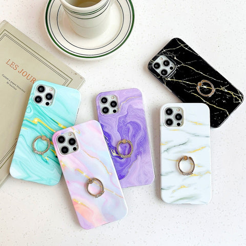 Thickened TPU Glazed Marble Pattern Case with Metallic Ring Holder, For iPhone 12 Pro Max, For iPhone 12 / 12 Pro, For iPhone 12 mini, For iPhone 11 Pro Max, For iPhone 11 Pro, For iPhone 11