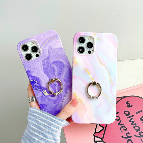 Thickened TPU Glazed Marble Pattern Case with Metallic Ring Holder, For iPhone 12 Pro Max, For iPhone 12 / 12 Pro, For iPhone 12 mini, For iPhone 11 Pro Max, For iPhone 11 Pro, For iPhone 11