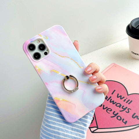 Thickened TPU Glazed Marble Pattern Case with Metallic Ring Holder, For iPhone 12 Pro Max, For iPhone 12 / 12 Pro, For iPhone 12 mini, For iPhone 11 Pro Max, For iPhone 11 Pro, For iPhone 11
