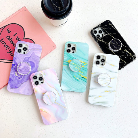 Thickened TPU Glazed Marble Pattern Case with Folding Holder, For iPhone 12 Pro Max, For iPhone 12 / 12 Pro, For iPhone 12 mini, For iPhone 11 Pro Max, For iPhone 11 Pro, For iPhone 11