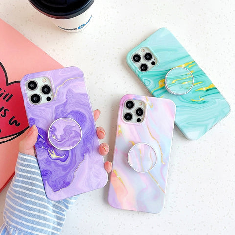 Thickened TPU Glazed Marble Pattern Case with Folding Holder, For iPhone 12 Pro Max, For iPhone 12 / 12 Pro, For iPhone 12 mini, For iPhone 11 Pro Max, For iPhone 11 Pro, For iPhone 11