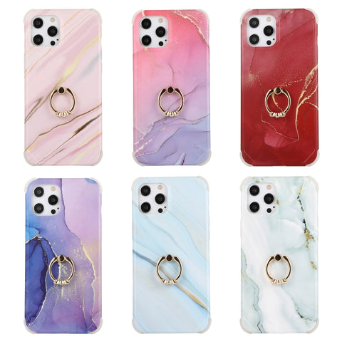 Four Corners Shocproof Flow Gold Marble IMD Back Cover Case with Metal Rhinestone Ring, For iPhone 13 Pro Max, For  iPhone 13 Pro, For  iPhone 13, For iPhone 13 mini