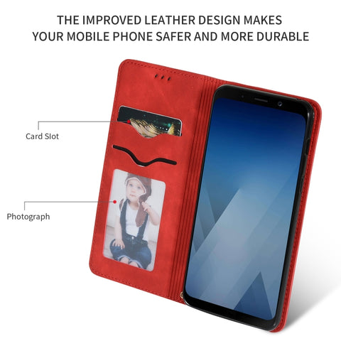 Retro Skin Feel Business Magnetic Horizontal Flip Leather Case for Samsung Galaxy A8 Plus 2018三星, Red, Dark Gray, Navy Blue, Army Green, Brown