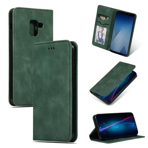 Retro Skin Feel Business Magnetic Horizontal Flip Leather Case for Samsung Galaxy A8 Plus 2018三星, Red, Dark Gray, Navy Blue, Army Green, Brown