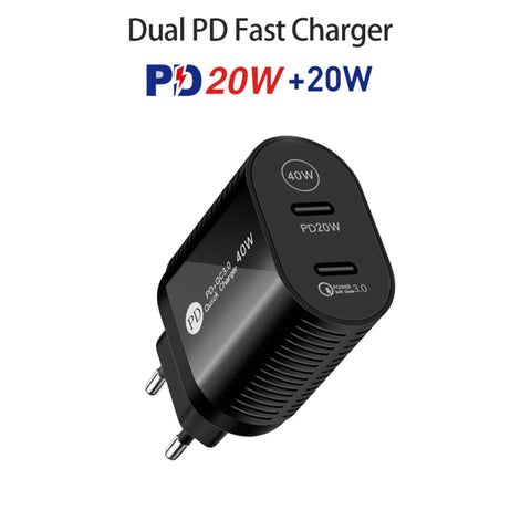 40W Dual Port PD / Type-C Fast Charger for iPhone / iPad Series, EU Plug, EU Plug