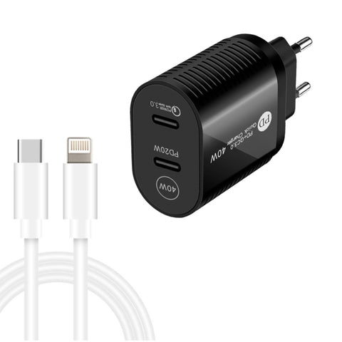 40W Dual Port PD / Type-C Fast Charger with Type-C to 8 Pin Data Cable, EU Plug, EU Plug + Type-C to 8 Pin Cable