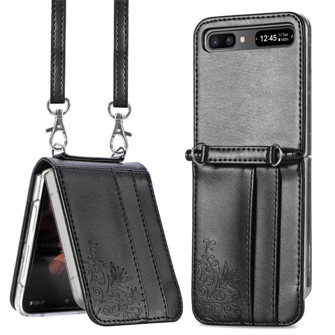 Diagonal Lanyard Embossed Card Phone Case, For Samsung Galaxy Z Flip 3 5G, For Samsung Galaxy Z Flip 5G
