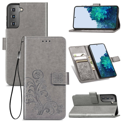 Four-leaf Clasp Embossed Leather Phone Case with Lanyard & Card Slot & Wallet & Bracket Function, For Samsung Galaxy S22 5G, For Samsung Galaxy S22+ 5G, For Samsung Galaxy S22 Ultra 5G, For Samsung Galaxy M52  5G, For Samsung Galaxy A13 5G