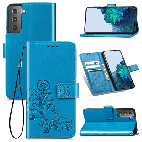 Four-leaf Clasp Embossed Leather Phone Case with Lanyard & Card Slot & Wallet & Bracket Function, For Samsung Galaxy S22 5G, For Samsung Galaxy S22+ 5G, For Samsung Galaxy S22 Ultra 5G, For Samsung Galaxy M52  5G, For Samsung Galaxy A13 5G