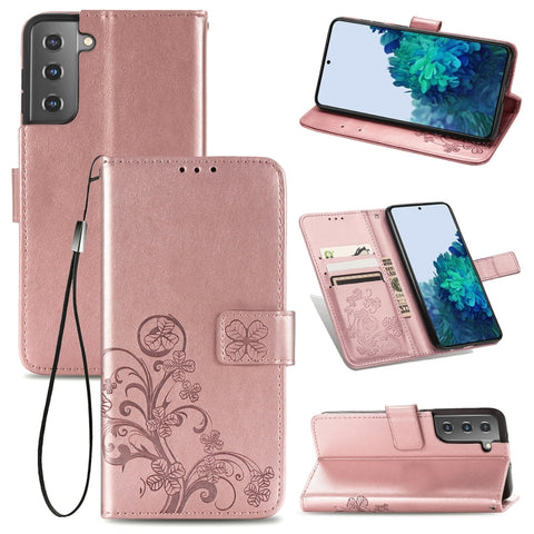 Four-leaf Clasp Embossed Leather Phone Case with Lanyard & Card Slot & Wallet & Bracket Function, For Samsung Galaxy S22 5G, For Samsung Galaxy S22+ 5G, For Samsung Galaxy S22 Ultra 5G, For Samsung Galaxy M52  5G, For Samsung Galaxy A13 5G