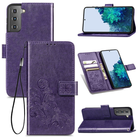 Four-leaf Clasp Embossed Leather Phone Case with Lanyard & Card Slot & Wallet & Bracket Function, For Samsung Galaxy S22 5G, For Samsung Galaxy S22+ 5G, For Samsung Galaxy S22 Ultra 5G, For Samsung Galaxy M52  5G, For Samsung Galaxy A13 5G
