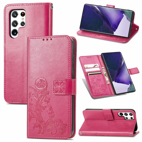Four-leaf Clasp Embossed Leather Phone Case with Lanyard & Card Slot & Wallet & Bracket Function, For Samsung Galaxy S22 5G, For Samsung Galaxy S22+ 5G, For Samsung Galaxy S22 Ultra 5G, For Samsung Galaxy M52  5G, For Samsung Galaxy A13 5G