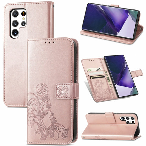 Four-leaf Clasp Embossed Leather Phone Case with Lanyard & Card Slot & Wallet & Bracket Function, For Samsung Galaxy S22 5G, For Samsung Galaxy S22+ 5G, For Samsung Galaxy S22 Ultra 5G, For Samsung Galaxy M52  5G, For Samsung Galaxy A13 5G