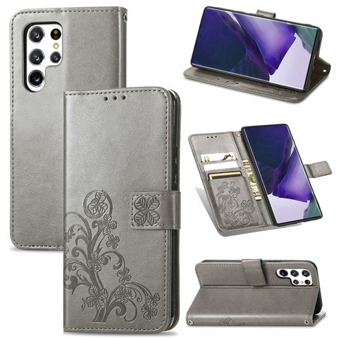 Four-leaf Clasp Embossed Leather Phone Case with Lanyard & Card Slot & Wallet & Bracket Function, For Samsung Galaxy S22 5G, For Samsung Galaxy S22+ 5G, For Samsung Galaxy S22 Ultra 5G, For Samsung Galaxy M52  5G, For Samsung Galaxy A13 5G