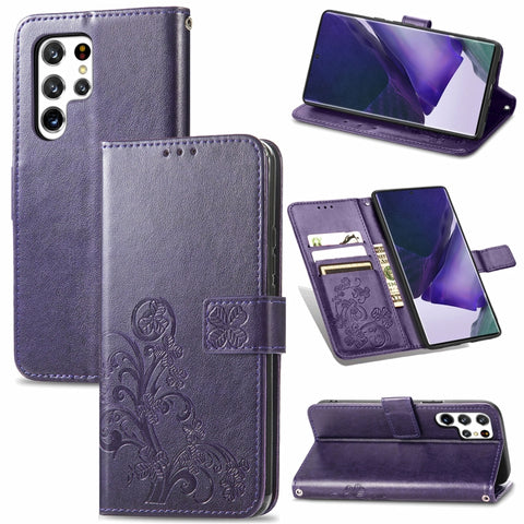 Four-leaf Clasp Embossed Leather Phone Case with Lanyard & Card Slot & Wallet & Bracket Function, For Samsung Galaxy S22 5G, For Samsung Galaxy S22+ 5G, For Samsung Galaxy S22 Ultra 5G, For Samsung Galaxy M52  5G, For Samsung Galaxy A13 5G