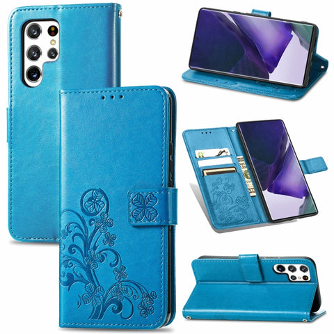 Four-leaf Clasp Embossed Leather Phone Case with Lanyard & Card Slot & Wallet & Bracket Function, For Samsung Galaxy S22 5G, For Samsung Galaxy S22+ 5G, For Samsung Galaxy S22 Ultra 5G, For Samsung Galaxy M52  5G, For Samsung Galaxy A13 5G