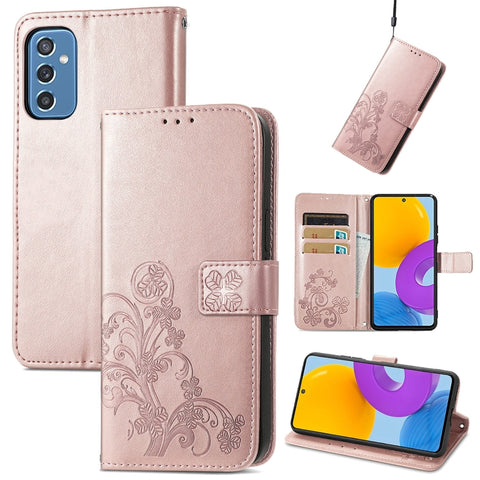 Four-leaf Clasp Embossed Leather Phone Case with Lanyard & Card Slot & Wallet & Bracket Function, For Samsung Galaxy S22 5G, For Samsung Galaxy S22+ 5G, For Samsung Galaxy S22 Ultra 5G, For Samsung Galaxy M52  5G, For Samsung Galaxy A13 5G