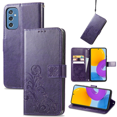 Four-leaf Clasp Embossed Leather Phone Case with Lanyard & Card Slot & Wallet & Bracket Function, For Samsung Galaxy S22 5G, For Samsung Galaxy S22+ 5G, For Samsung Galaxy S22 Ultra 5G, For Samsung Galaxy M52  5G, For Samsung Galaxy A13 5G