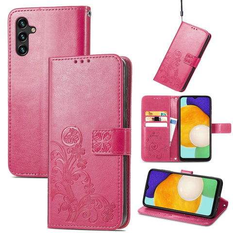 Four-leaf Clasp Embossed Leather Phone Case with Lanyard & Card Slot & Wallet & Bracket Function, For Samsung Galaxy S22 5G, For Samsung Galaxy S22+ 5G, For Samsung Galaxy S22 Ultra 5G, For Samsung Galaxy M52  5G, For Samsung Galaxy A13 5G