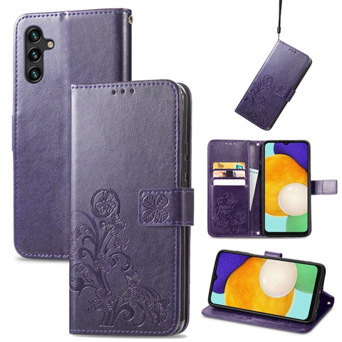 Four-leaf Clasp Embossed Leather Phone Case with Lanyard & Card Slot & Wallet & Bracket Function, For Samsung Galaxy S22 5G, For Samsung Galaxy S22+ 5G, For Samsung Galaxy S22 Ultra 5G, For Samsung Galaxy M52  5G, For Samsung Galaxy A13 5G