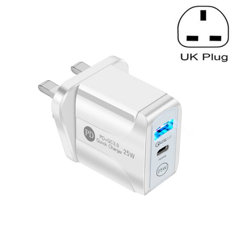 PD25W USB-C / Type-C + QC3.0 USB Dual Ports Fast Charger, UK Plug, UK Plug