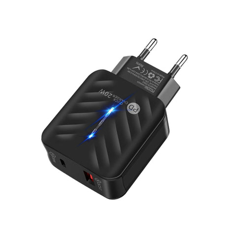 PD03 20W Type-C + QC3. 0 USB Charger with Indicator Light, EU Plug, EU Plug, EU Plug + USB to Type-C Cable