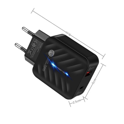 PD03 20W Type-C + QC3. 0 USB Charger with Indicator Light, EU Plug, EU Plug, EU Plug + USB to Type-C Cable