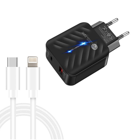 PD03 20W PD3.0 + QC3.0 USB Charger with Type-C to 8 Pin Data Cable, EU Plug, EU Plug + Type-C to 8 Pin Cable