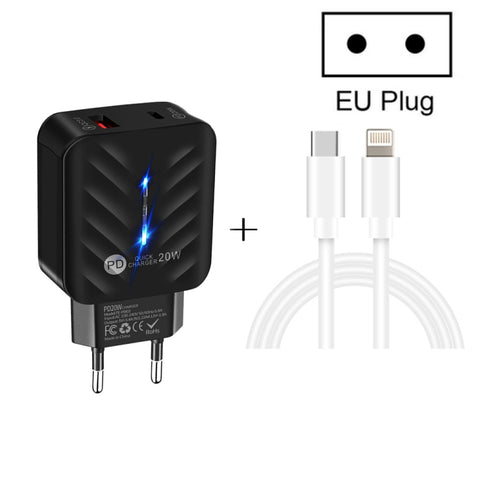PD03 20W PD3.0 + QC3.0 USB Charger with Type-C to 8 Pin Data Cable, EU Plug, EU Plug + Type-C to 8 Pin Cable