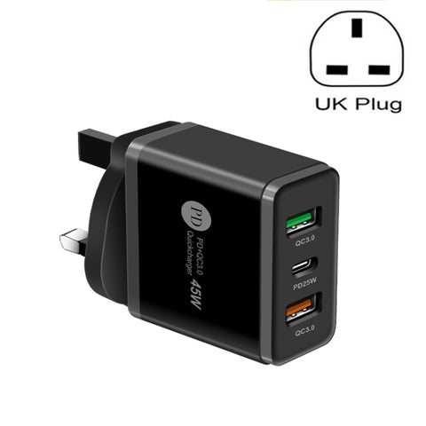 45W PD3.0 + 2 x QC3.0 USB Multi Port Quick Charger, UK Plug, UK Plug