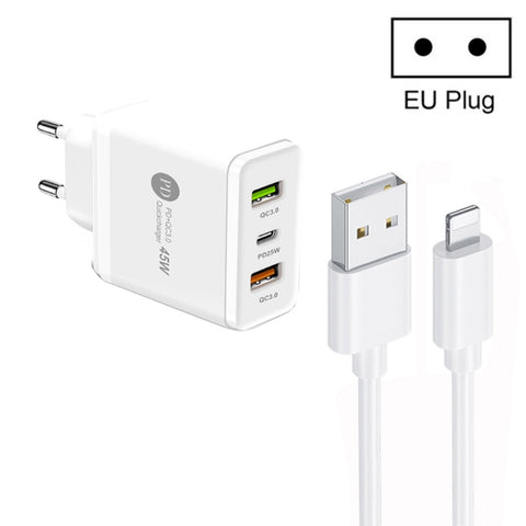 45W PD25W + 2 x QC3.0 USB Multi Port Charger with USB to 8 Pin Cable, EU Plug, EU Plug + USB to 8 Pin Cable