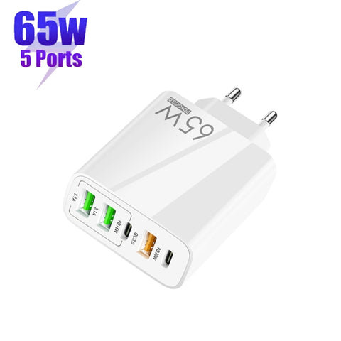 65W Dual PD Type-C + 3 x USB Multi Port Charger for Phone and Tablet PC, EU Plug, EU Plug