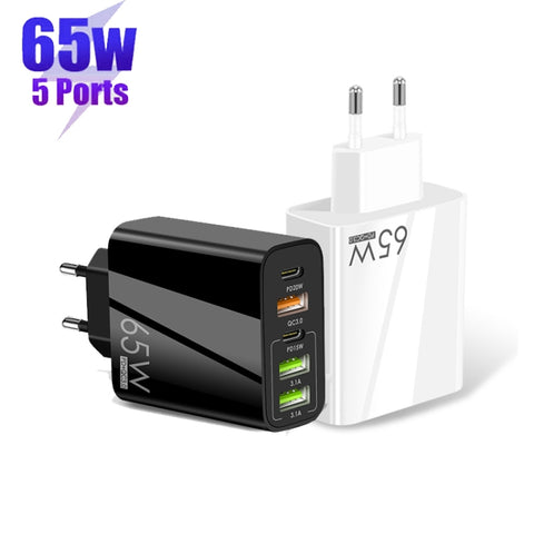 65W Dual PD Type-C + 3 x USB Multi Port Charger with 3A Type-C to 8 Pin Data Cable, EU Plug, EU Plug + Type-C to 8 Pin Cable