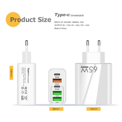 65W Dual PD Type-C + 3 x USB Multi Port Charger with 3A USB to 8 Pin Data Cable, UK Plug, UK Plug + USB to 8 Pin Cable