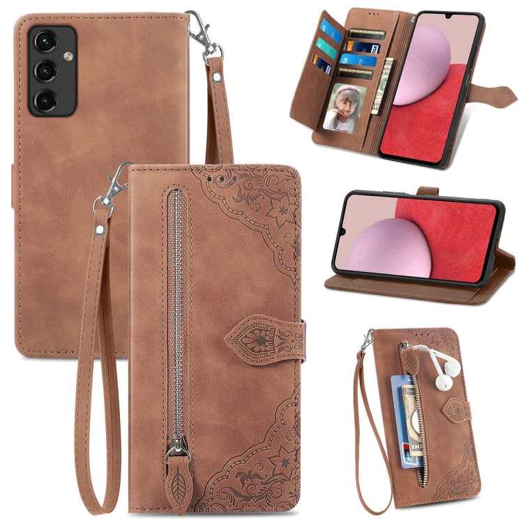 For Samsung Galaxy A14 5G Embossed Flower  Zipper Leather Phone Case, For Samsung Galaxy A14 5G